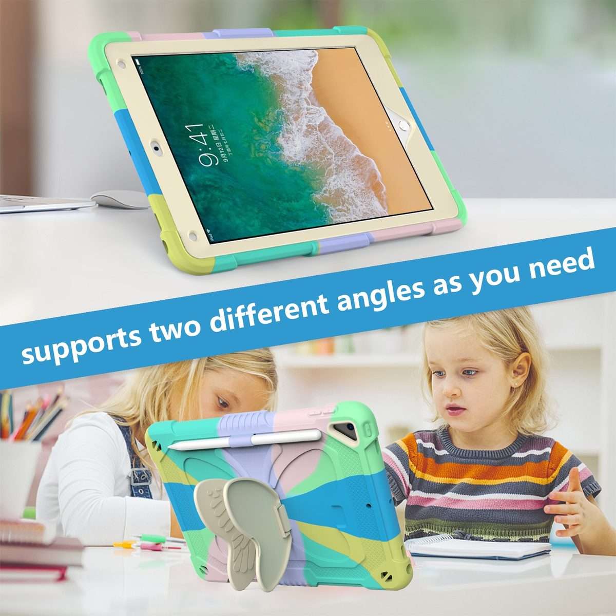 Beige PC + Silicone Anti-drop Protective Case with Butterfly Shape Holder & P ... (Colorful Green)