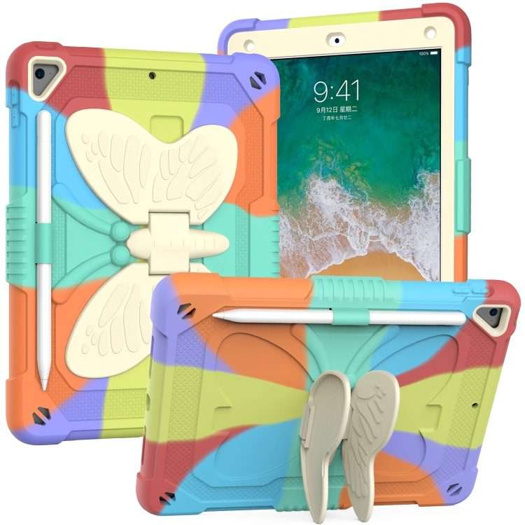 Beige PC + Silicone Anti-drop Protective Case with Butterfly Shape Holder & Pen ... (Colorful Red)