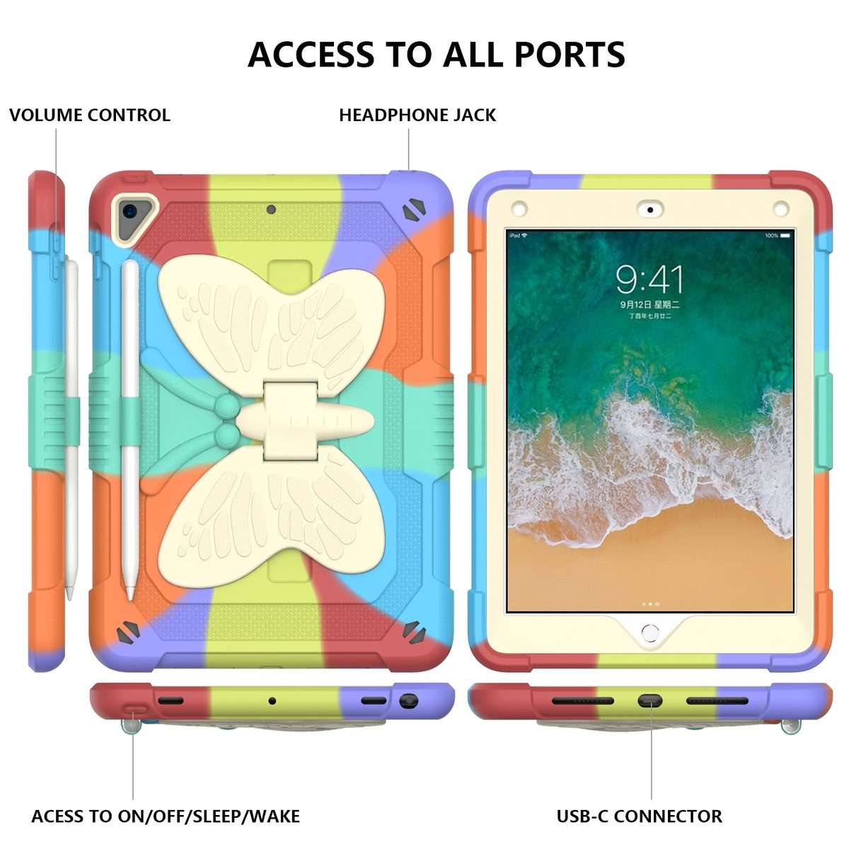 Beige PC + Silicone Anti-drop Protective Case with Butterfly Shape Holder & Pen ... (Colorful Red)