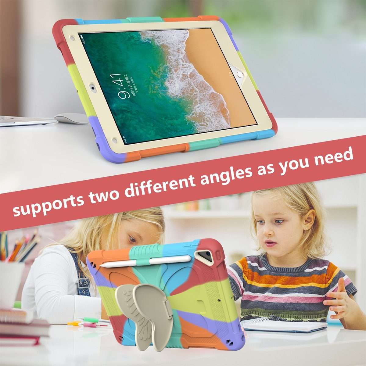 Beige PC + Silicone Anti-drop Protective Case with Butterfly Shape Holder & Pen ... (Colorful Red)