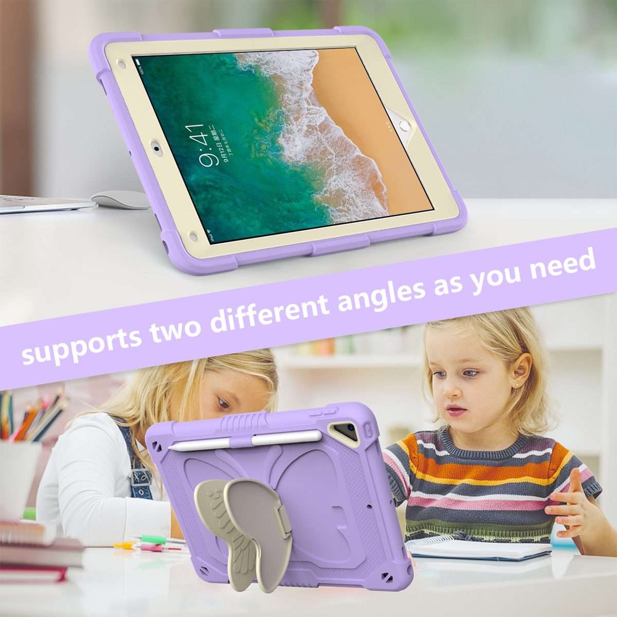 Beige PC + Silicone Anti-drop Protective Case with Butterfly Shape Hold ... (Beige + Light Purple)