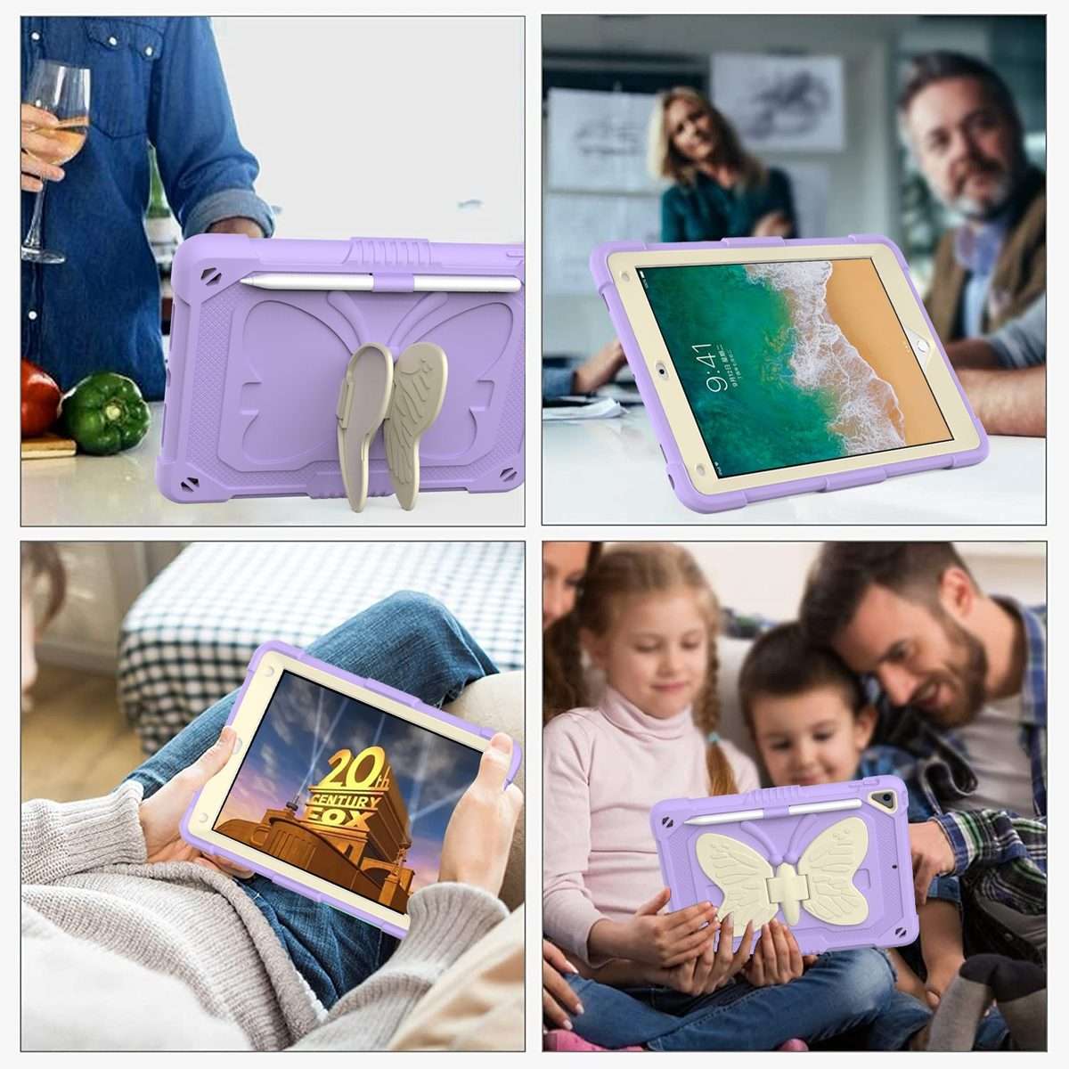 Beige PC + Silicone Anti-drop Protective Case with Butterfly Shape Hold ... (Beige + Light Purple)