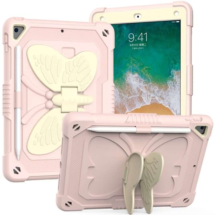 Beige PC + Silicone Anti-drop Protective Case with Butterfly Shape Holder ... (Beige + Rose Pink)