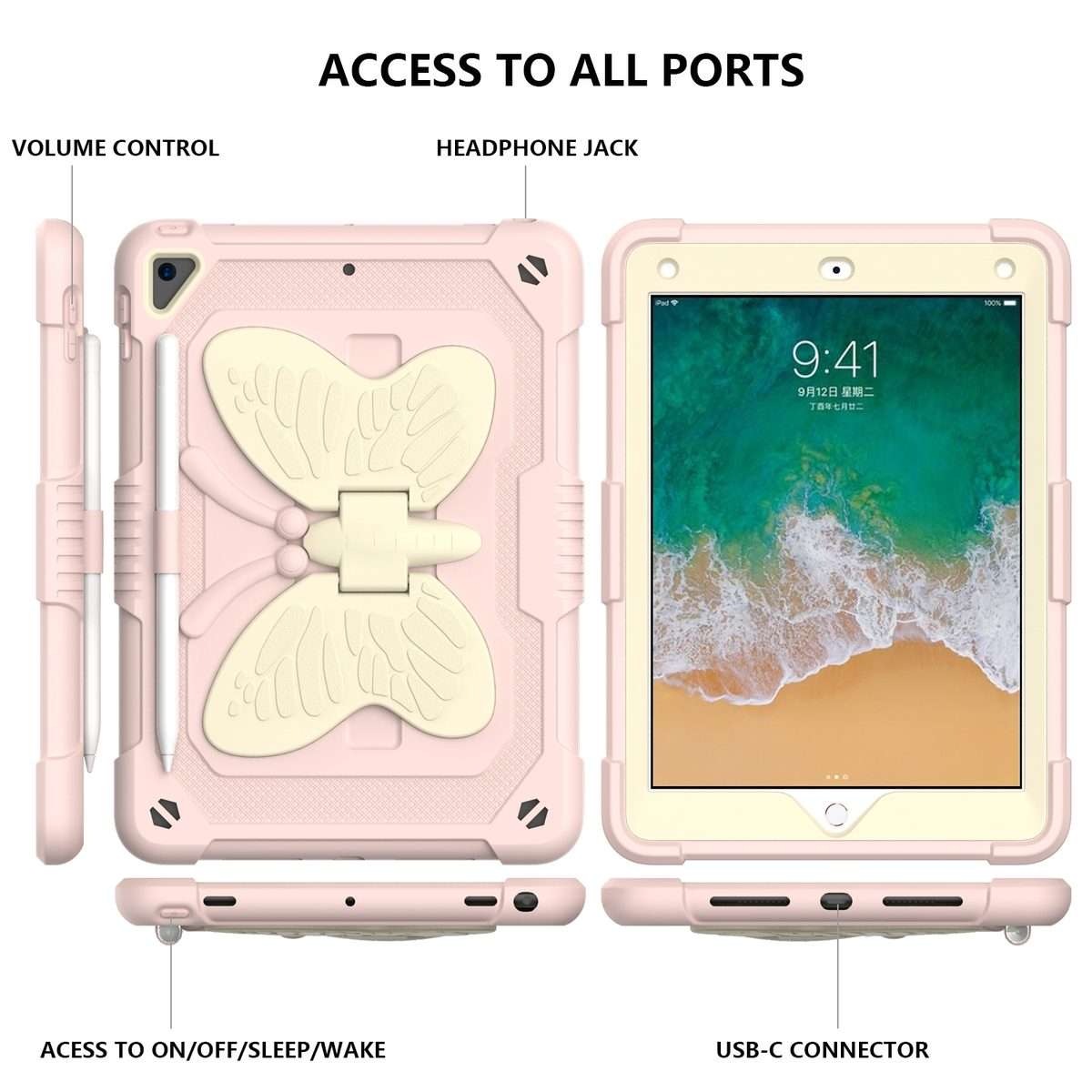 Beige PC + Silicone Anti-drop Protective Case with Butterfly Shape Holder ... (Beige + Rose Pink)