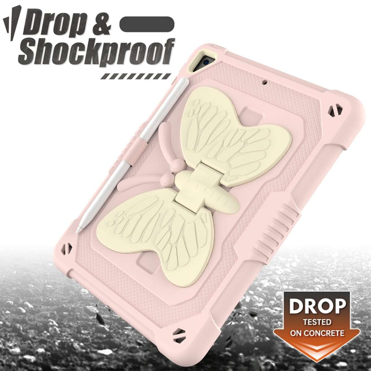 Beige PC + Silicone Anti-drop Protective Case with Butterfly Shape Holder ... (Beige + Rose Pink)