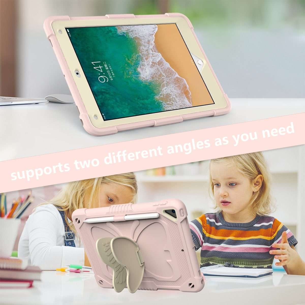 Beige PC + Silicone Anti-drop Protective Case with Butterfly Shape Holder ... (Beige + Rose Pink)