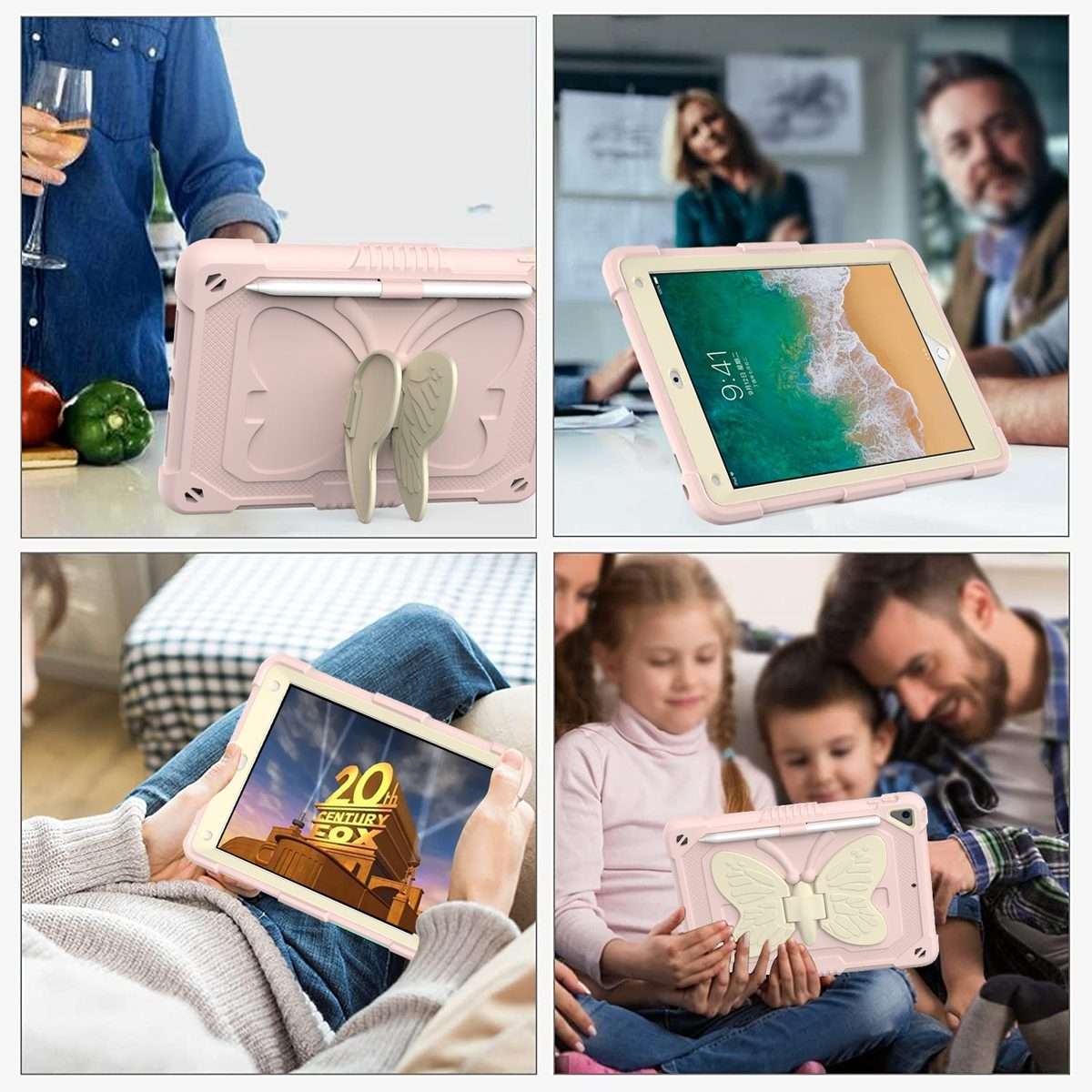 Beige PC + Silicone Anti-drop Protective Case with Butterfly Shape Holder ... (Beige + Rose Pink)