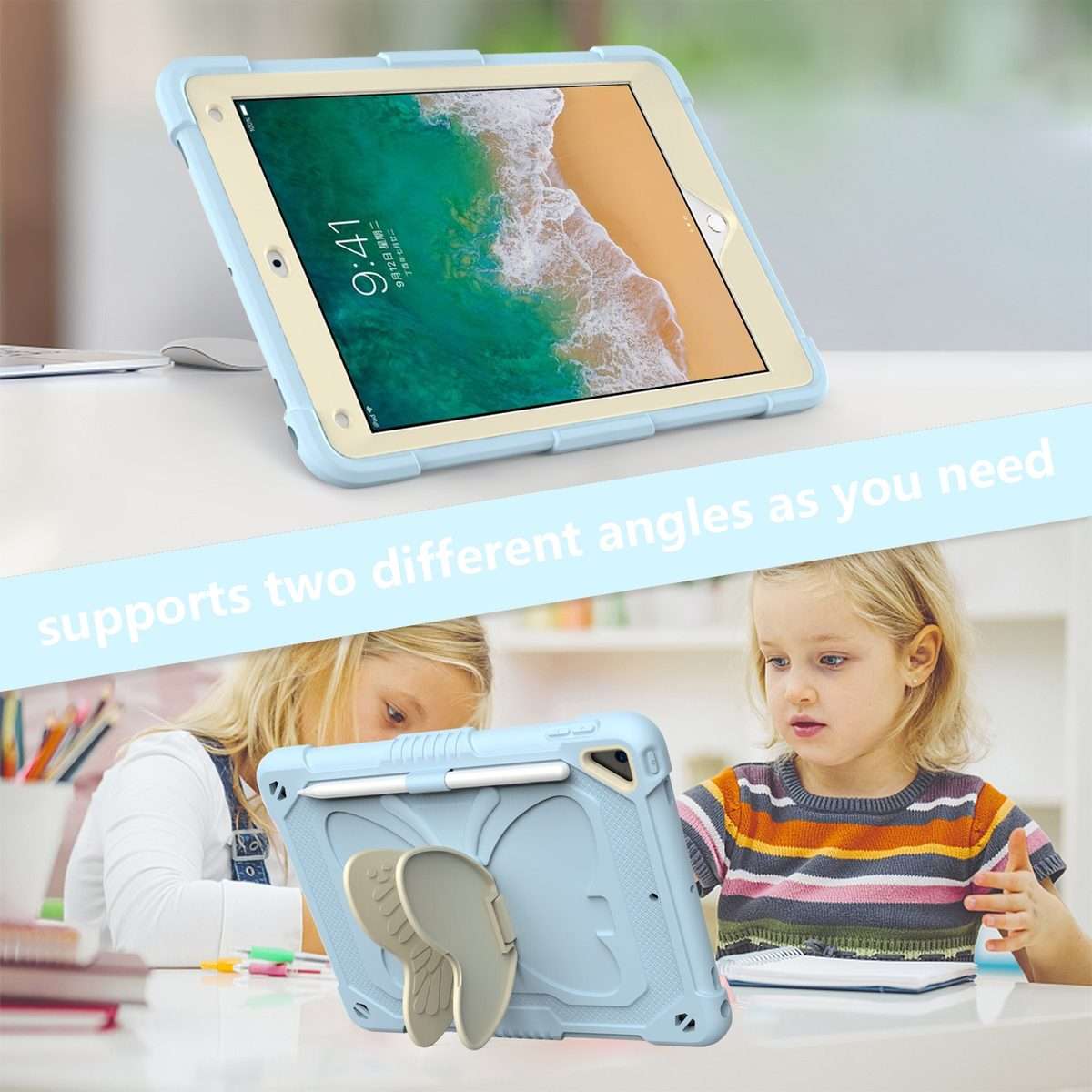 Beige PC + Silicone Anti-drop Protective Case with Butterfly Shape ... (Beige + Ice Crystal Blue)