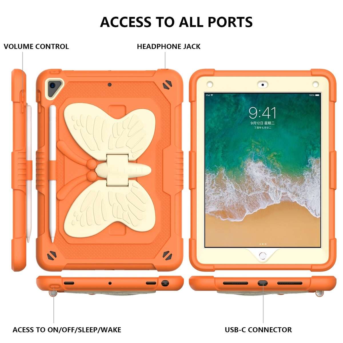Beige PC + Silicone Anti-drop Protective Case with Butterfly Shape Holder & ... (Beige + Kumquat)