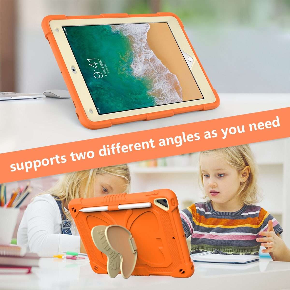 Beige PC + Silicone Anti-drop Protective Case with Butterfly Shape Holder & ... (Beige + Kumquat)