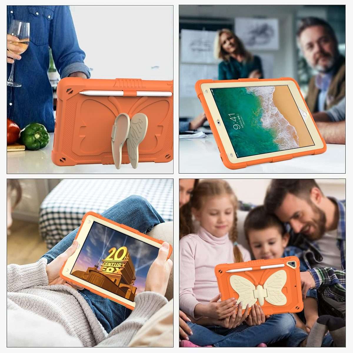 Beige PC + Silicone Anti-drop Protective Case with Butterfly Shape Holder & ... (Beige + Kumquat)