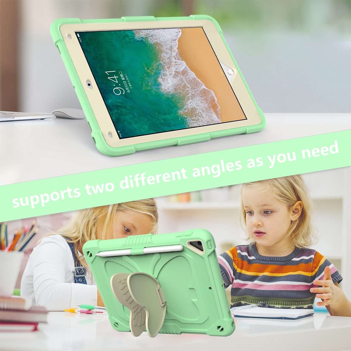 Beige PC + Silicone Anti-drop Protective Case with Butterfly Shape Holde ... (Beige + Fresh Green)