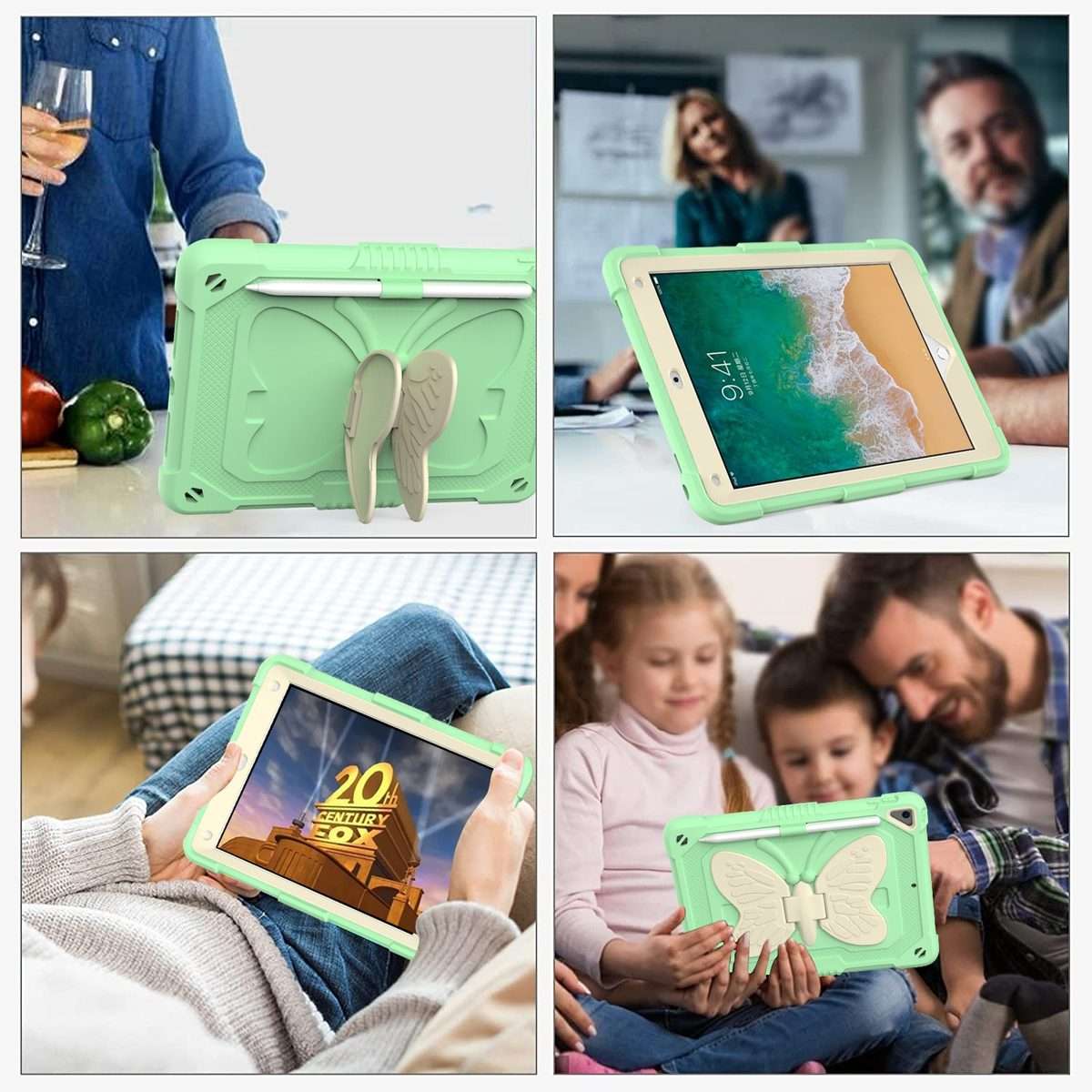 Beige PC + Silicone Anti-drop Protective Case with Butterfly Shape Holde ... (Beige + Fresh Green)