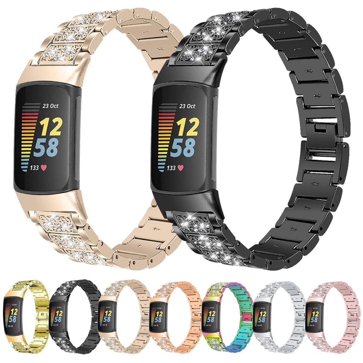 For Fitbit Charge 5 Diamond Stainless Steel Watch Band(Gold)