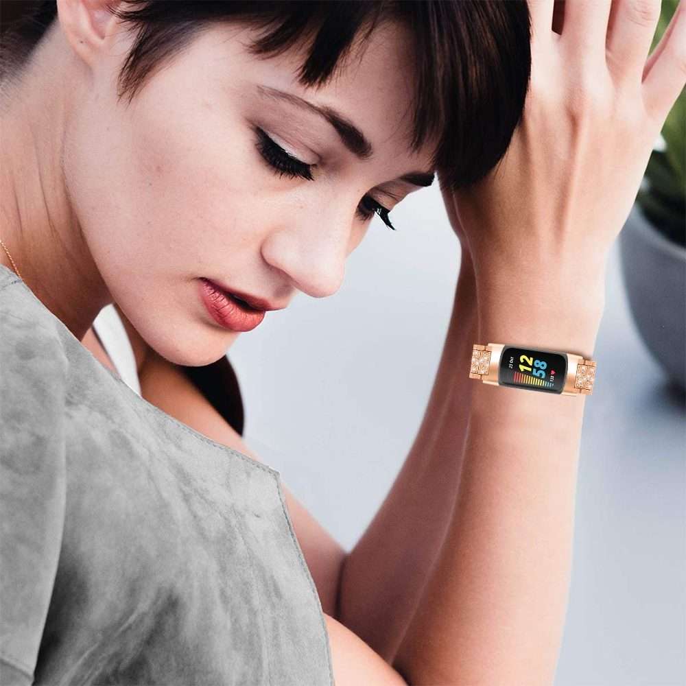 For Fitbit Charge 5 Diamond Stainless Steel Watch Band(Black)