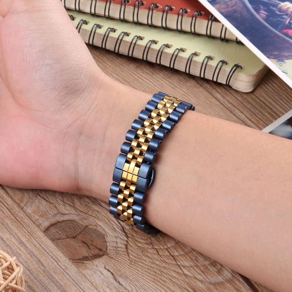 20mm Five-bead Stainless Steel Watch Band(Blue Gold)