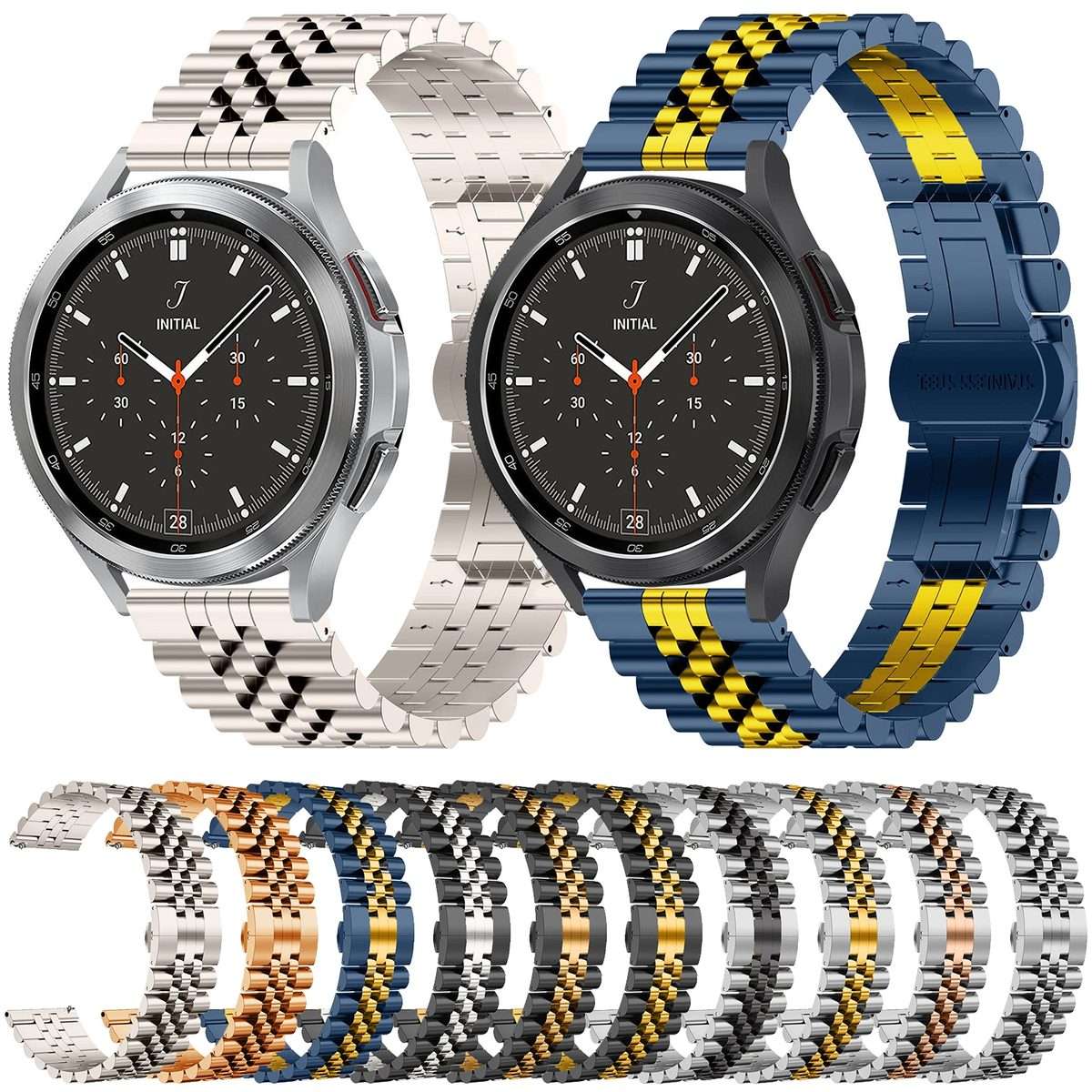 20mm Five-bead Stainless Steel Watch Band(Blue Gold)