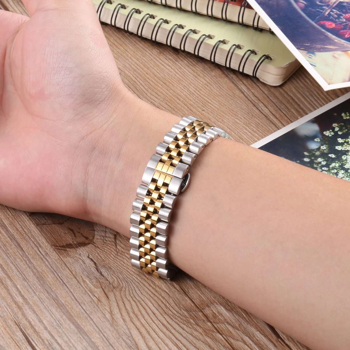 20mm Five-bead Stainless Steel Watch Band(Silver Gold)