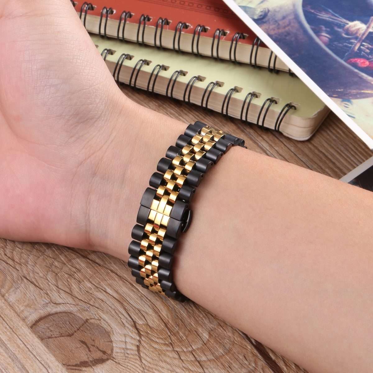 22mm Five-bead Stainless Steel Watch Band(Black Gold)