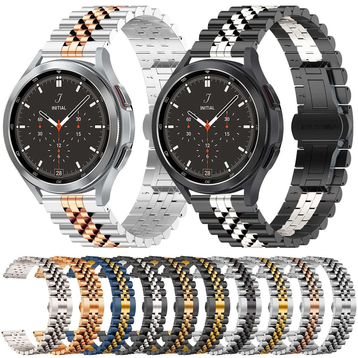 22mm Five-bead Stainless Steel Watch Band(Silver Gold)