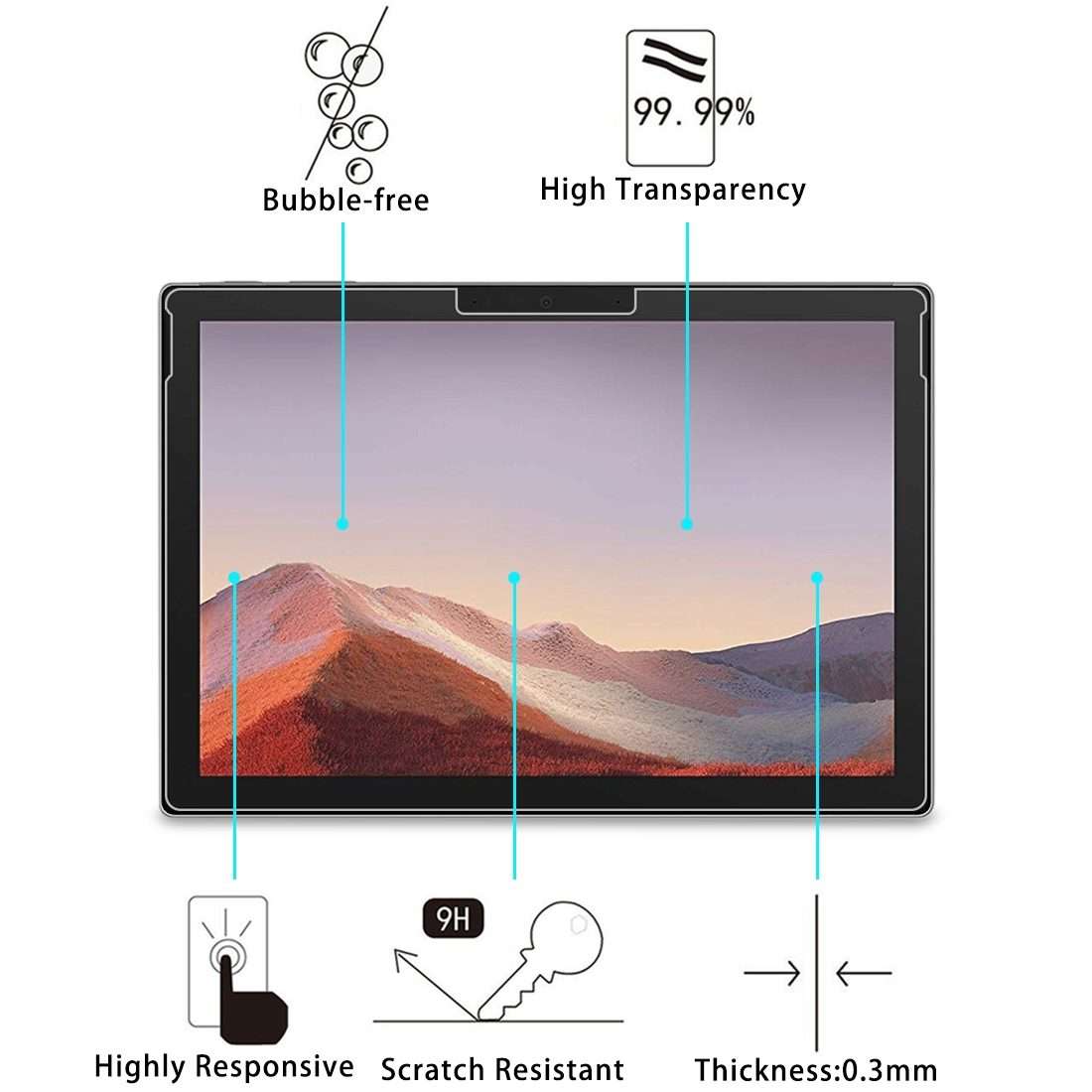 2 PCS For Microsoft Surface Pro 7 9H 0.3mm Explosion-proof Tempered Glass Film