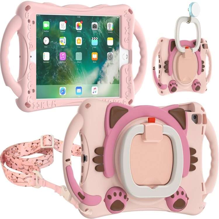 Cute Cat King Kids Shockproof Silicone Tablet Case with Holder & Shoulder Strap & Handl ... (Pink)