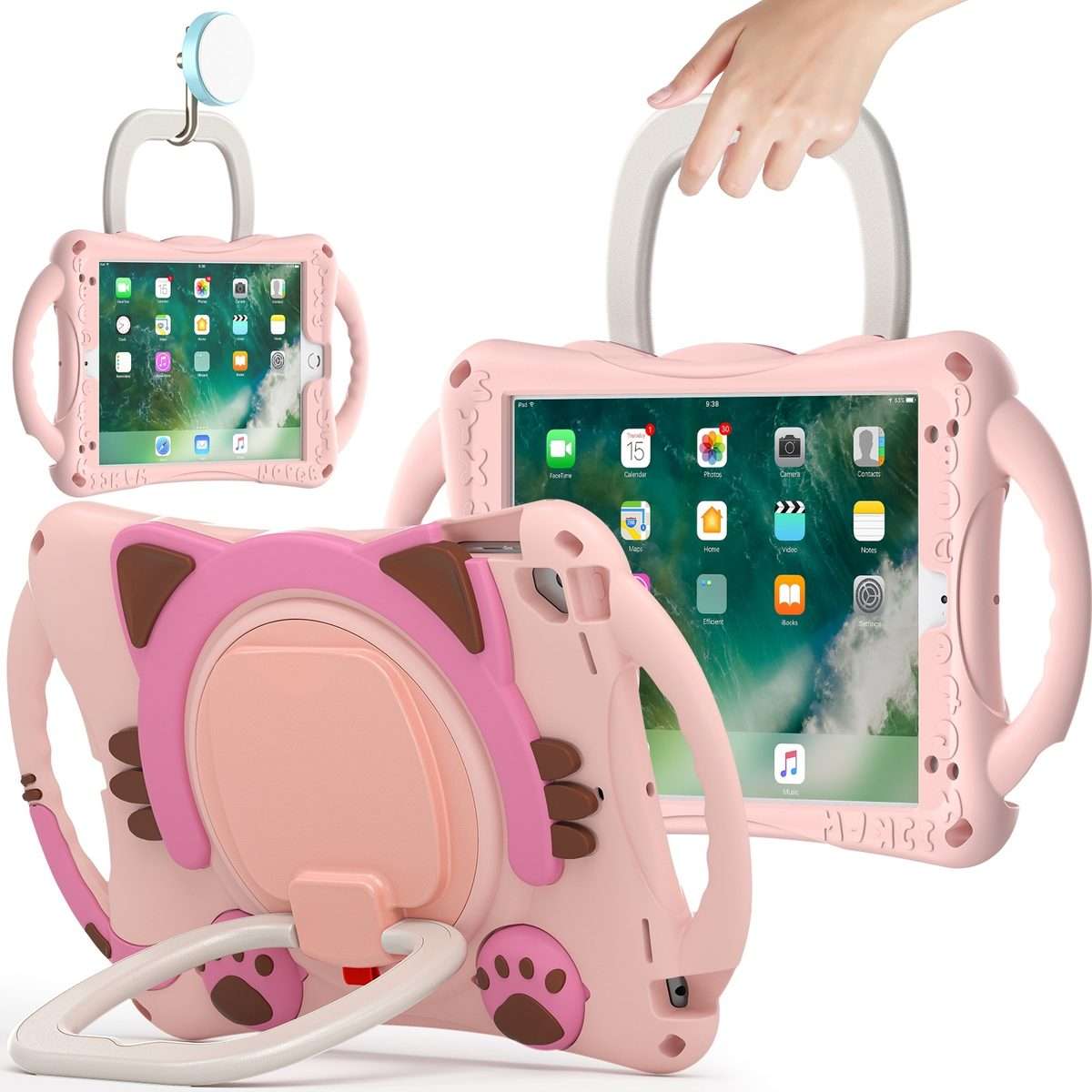 Cute Cat King Kids Shockproof Silicone Tablet Case with Holder & Shoulder Strap & Handl ... (Pink)