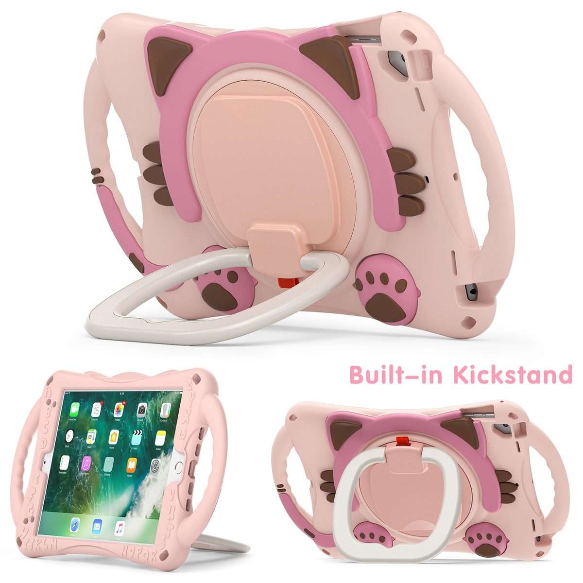 Cute Cat King Kids Shockproof Silicone Tablet Case with Holder & Shoulder Strap & Handl ... (Pink)