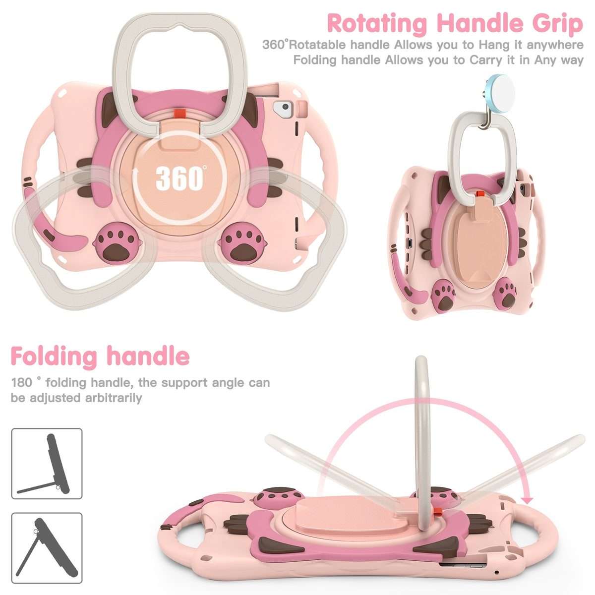 Cute Cat King Kids Shockproof Silicone Tablet Case with Holder & Shoulder Strap & Handl ... (Pink)