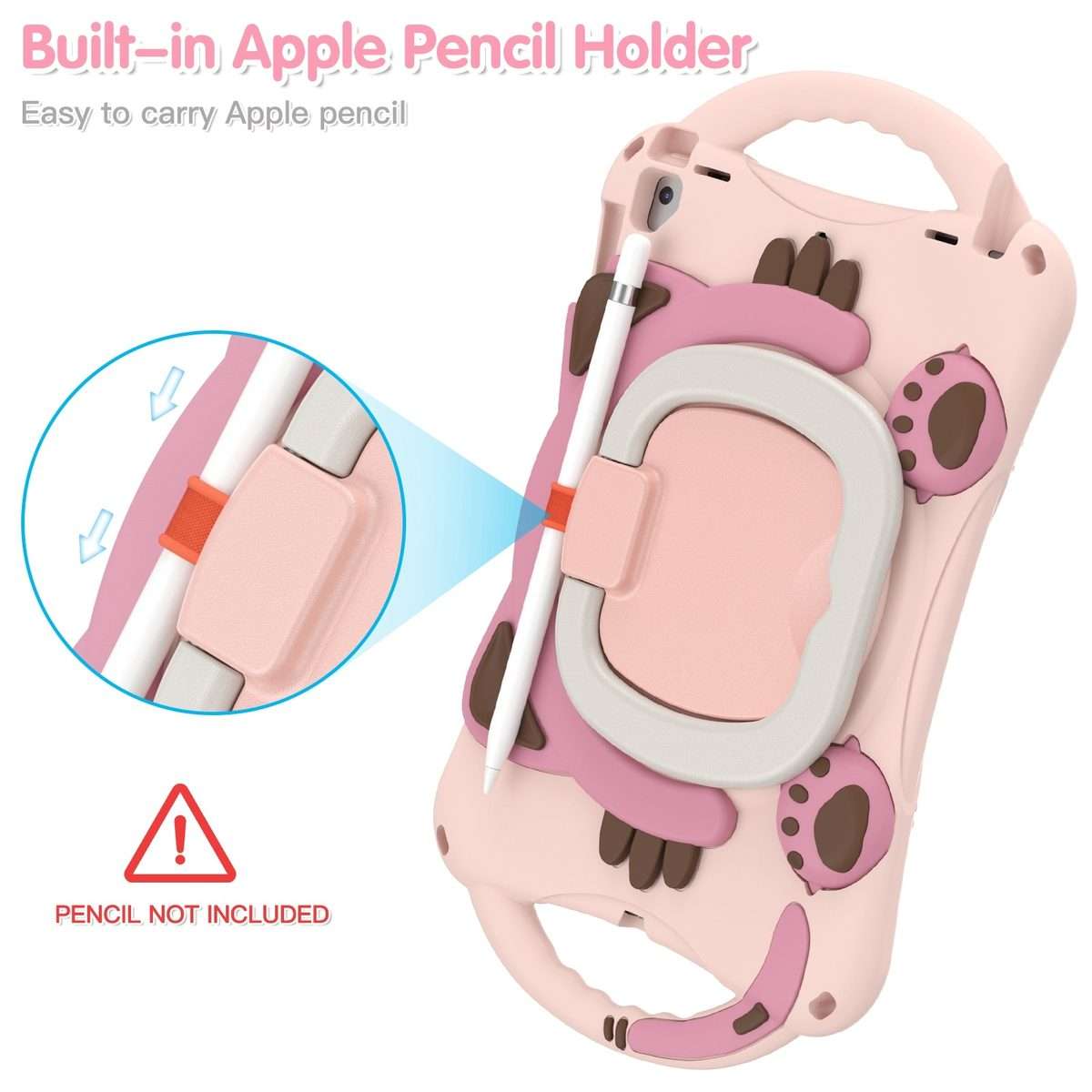 Cute Cat King Kids Shockproof Silicone Tablet Case with Holder & Shoulder Strap & Handl ... (Pink)