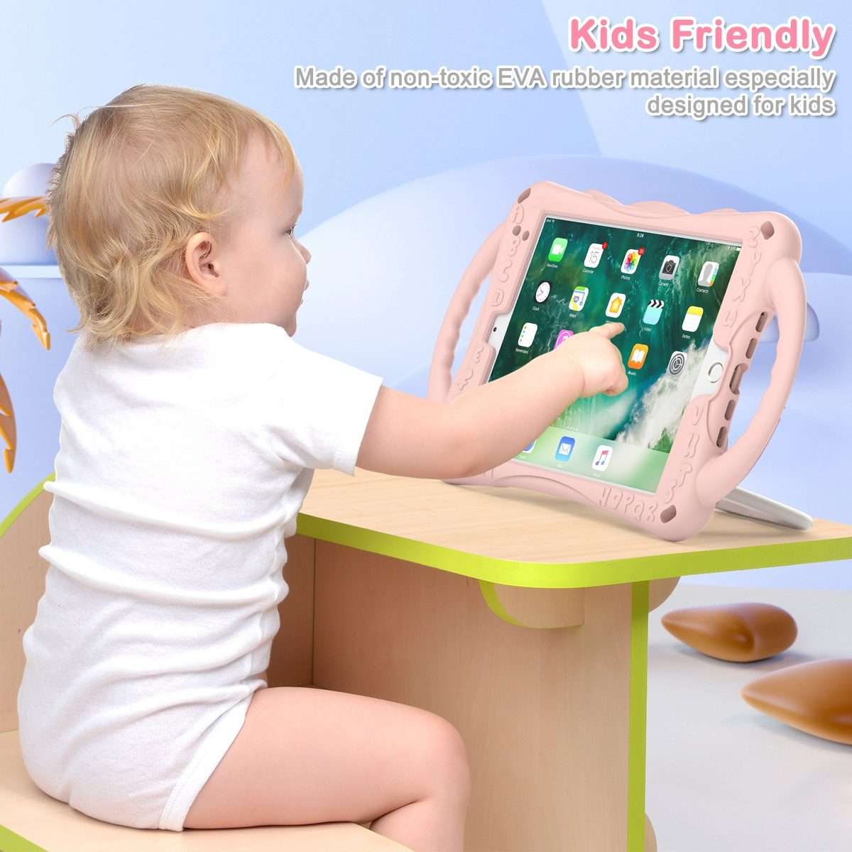 Cute Cat King Kids Shockproof Silicone Tablet Case with Holder & Shoulder Strap & Handl ... (Pink)