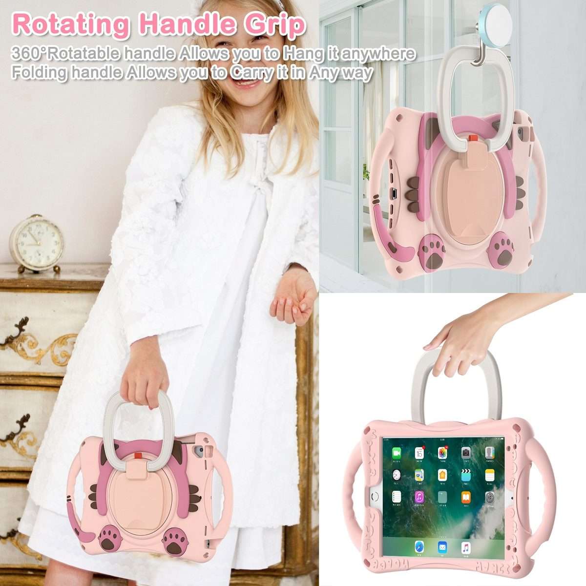 Cute Cat King Kids Shockproof Silicone Tablet Case with Holder & Shoulder Strap & Handl ... (Pink)