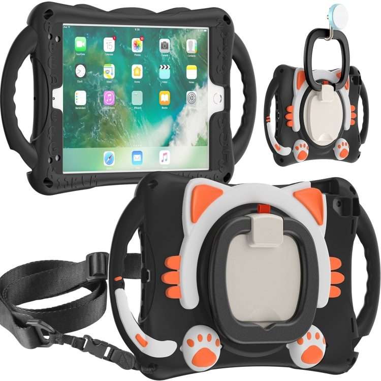 Cute Cat King Kids Shockproof Silicone Tablet Case with Holder & Shoulder Strap ... (Black Orange)