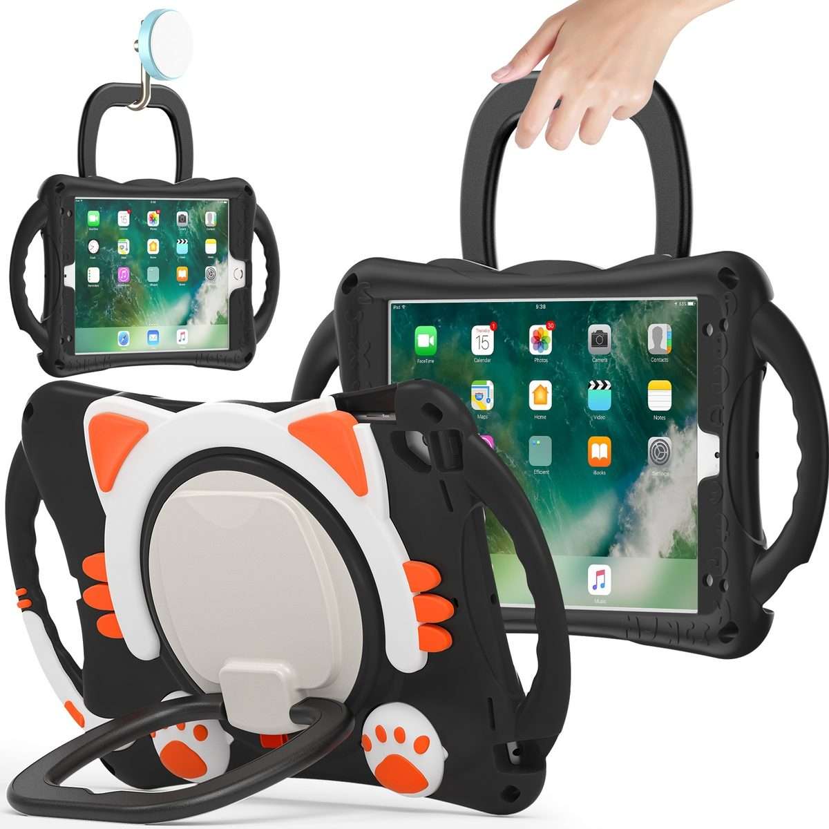 Cute Cat King Kids Shockproof Silicone Tablet Case with Holder & Shoulder Strap ... (Black Orange)