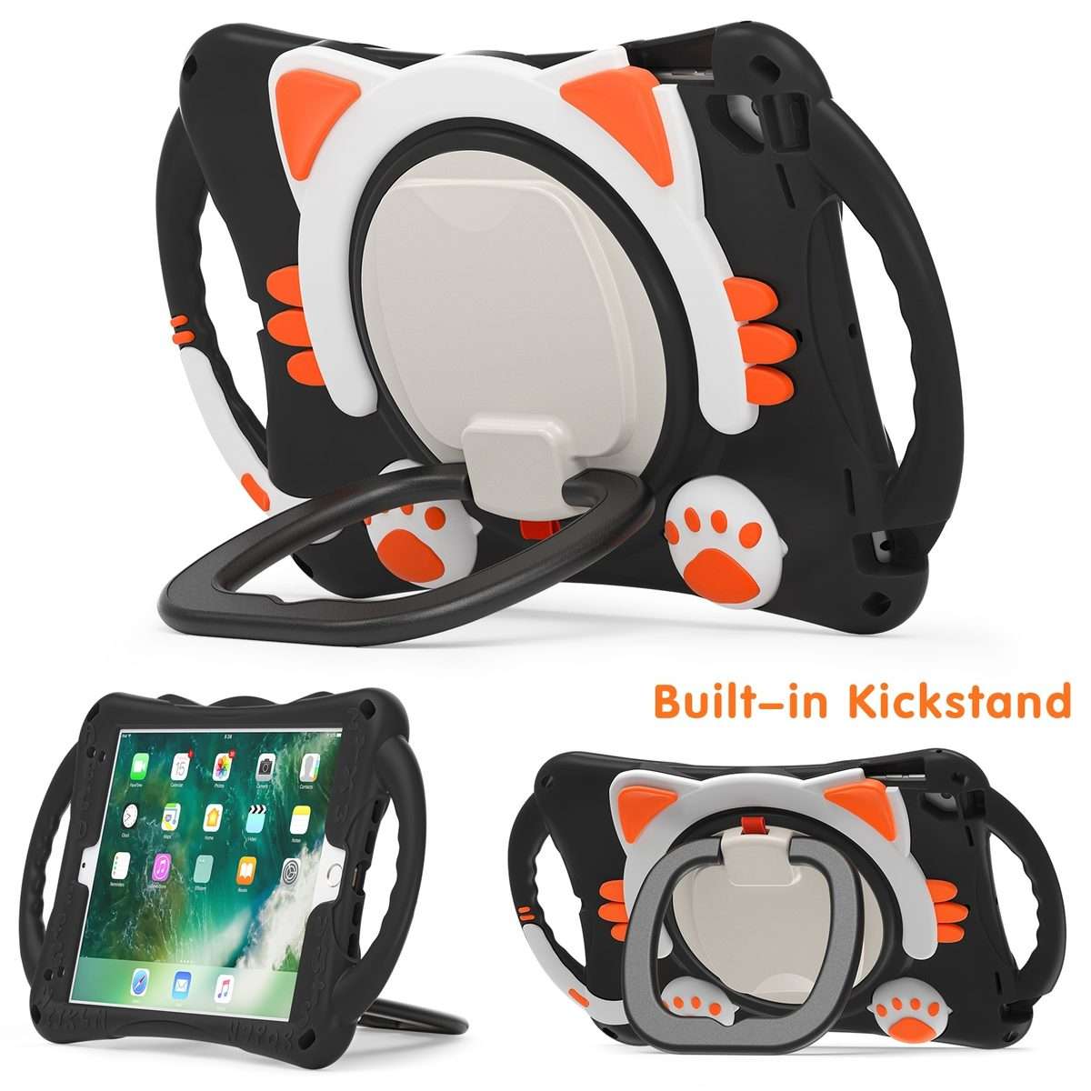 Cute Cat King Kids Shockproof Silicone Tablet Case with Holder & Shoulder Strap ... (Black Orange)