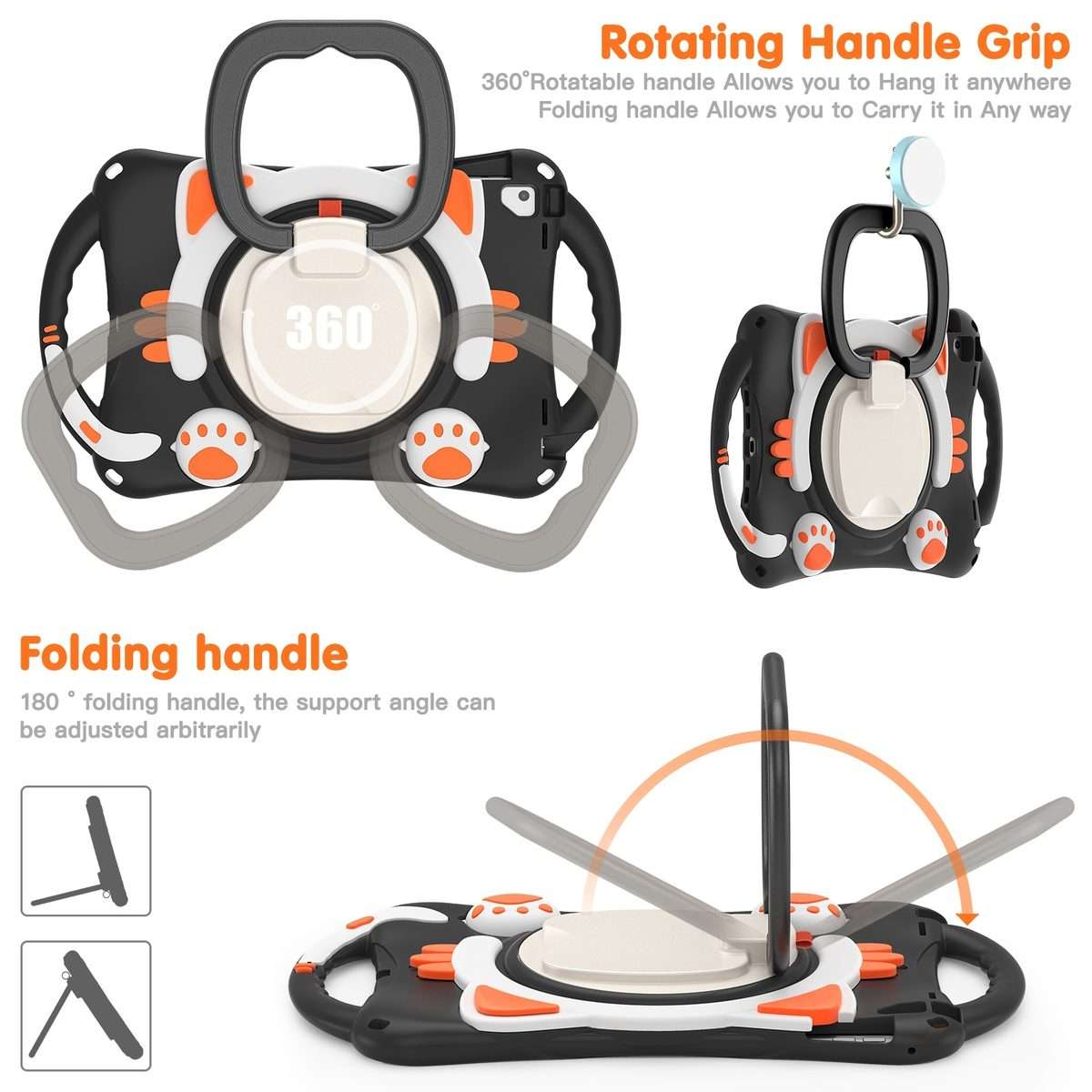 Cute Cat King Kids Shockproof Silicone Tablet Case with Holder & Shoulder Strap ... (Black Orange)
