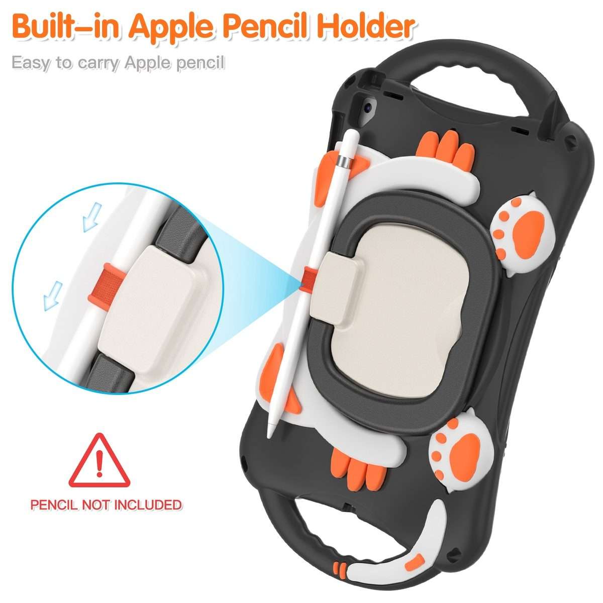 Cute Cat King Kids Shockproof Silicone Tablet Case with Holder & Shoulder Strap ... (Black Orange)
