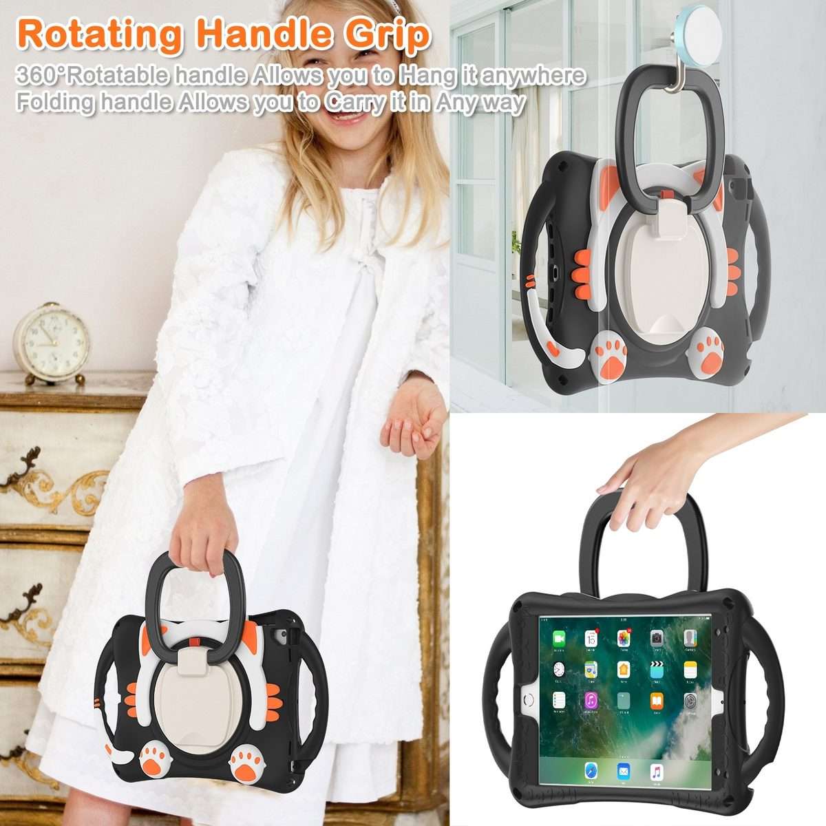 Cute Cat King Kids Shockproof Silicone Tablet Case with Holder & Shoulder Strap ... (Black Orange)
