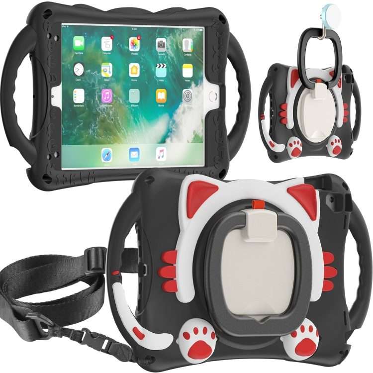 Cute Cat King Kids Shockproof Silicone Tablet Case with Holder & Shoulder Strap & ... (Black Red)