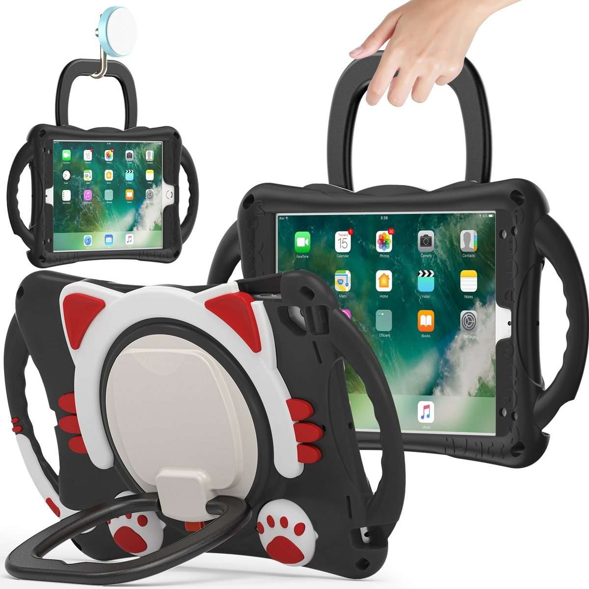 Cute Cat King Kids Shockproof Silicone Tablet Case with Holder & Shoulder Strap & ... (Black Red)