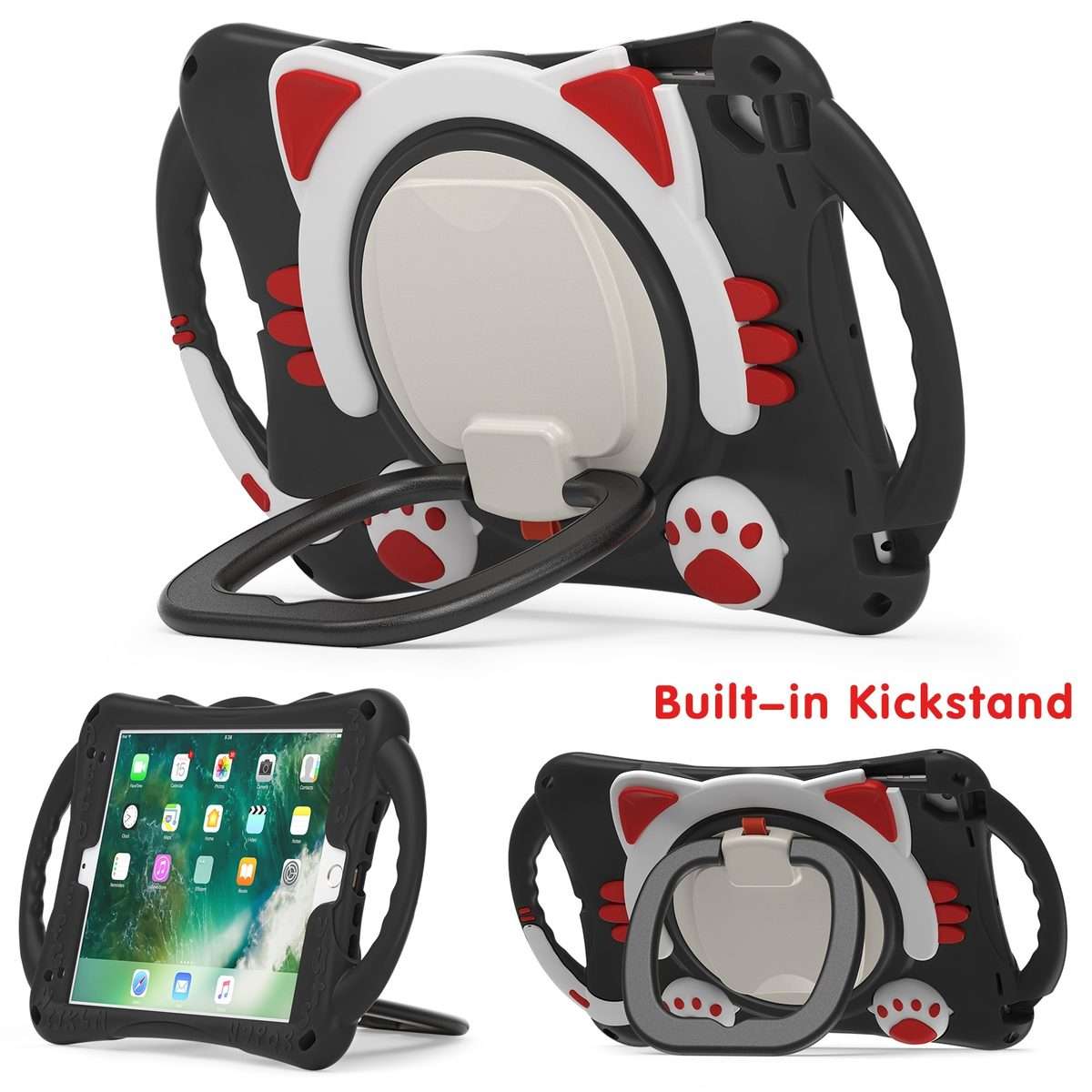 Cute Cat King Kids Shockproof Silicone Tablet Case with Holder & Shoulder Strap & ... (Black Red)