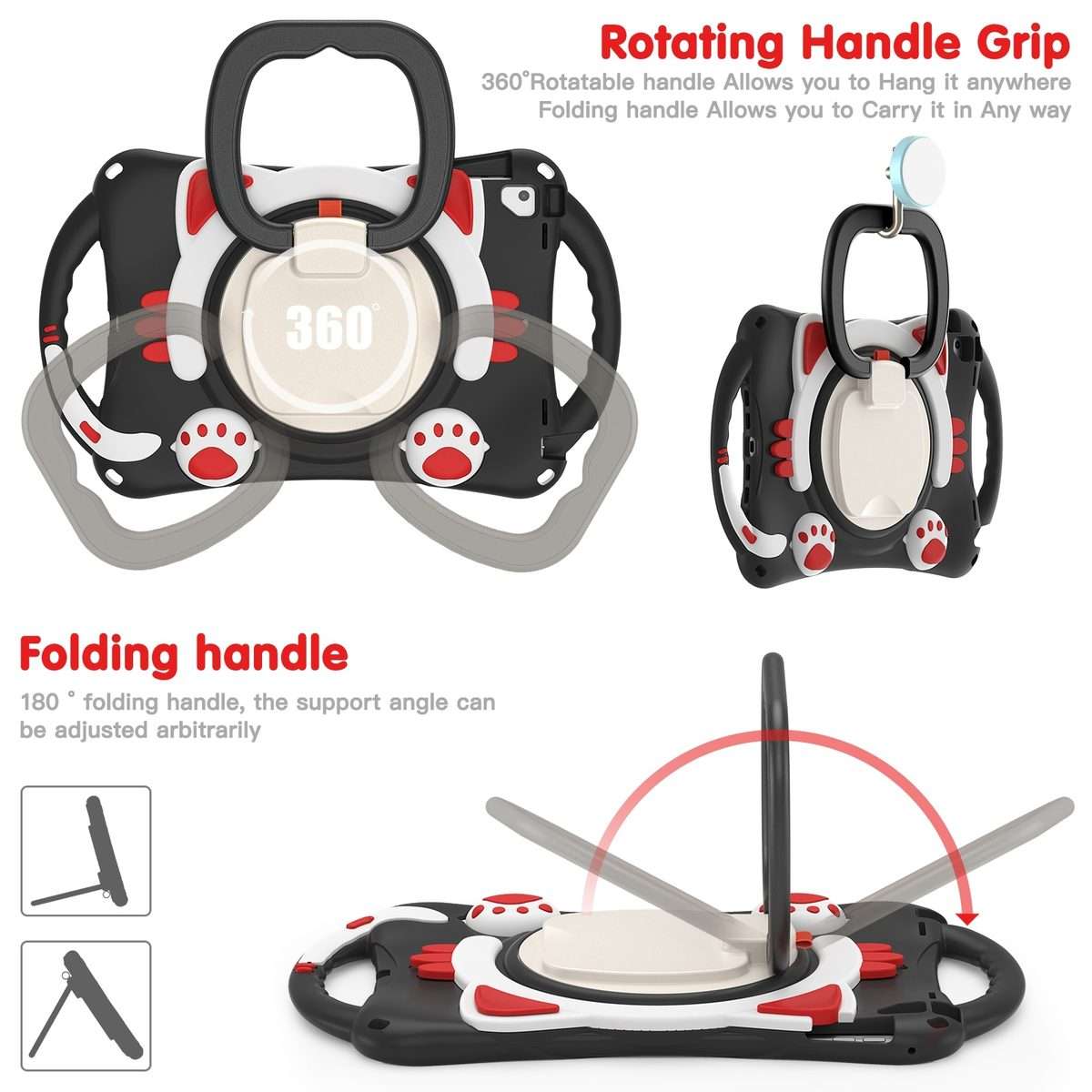 Cute Cat King Kids Shockproof Silicone Tablet Case with Holder & Shoulder Strap & ... (Black Red)