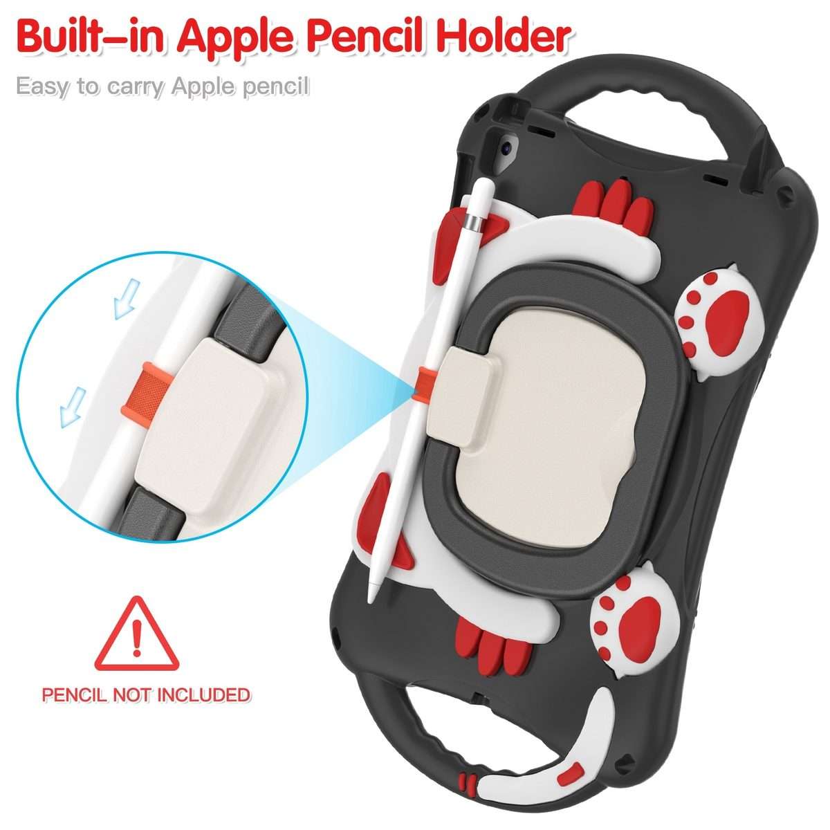 Cute Cat King Kids Shockproof Silicone Tablet Case with Holder & Shoulder Strap & ... (Black Red)