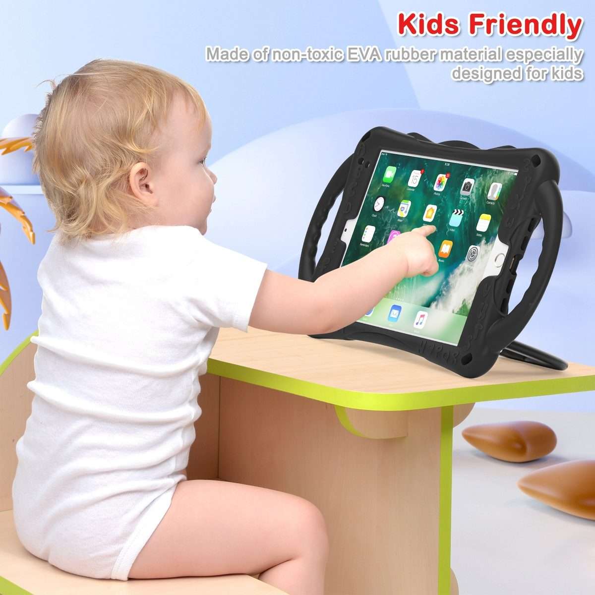 Cute Cat King Kids Shockproof Silicone Tablet Case with Holder & Shoulder Strap & ... (Black Red)