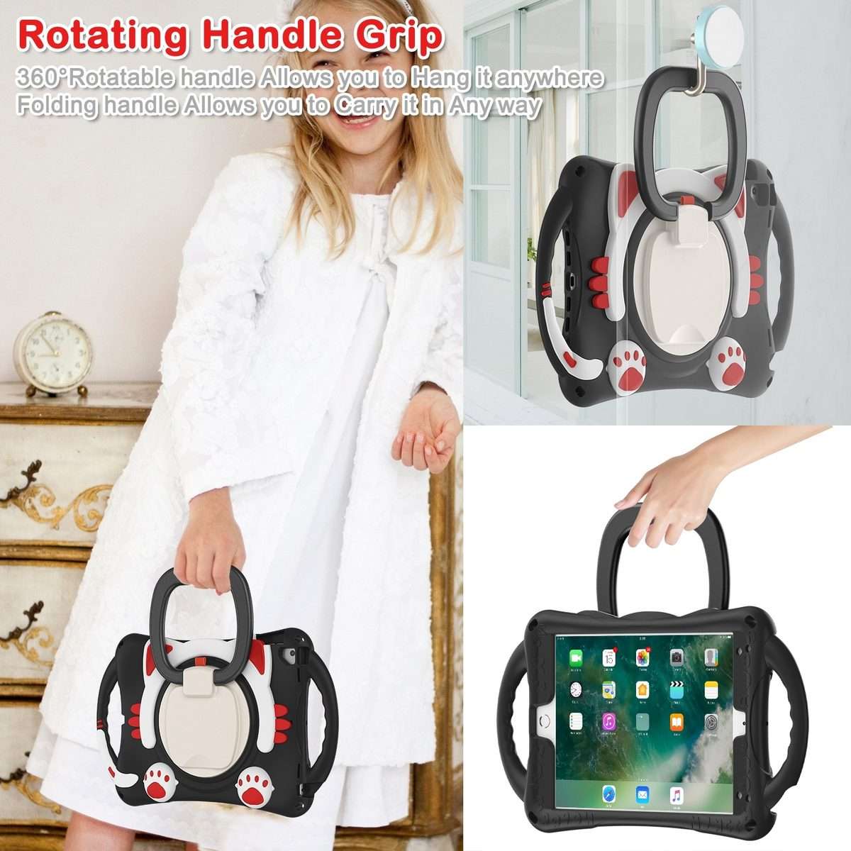 Cute Cat King Kids Shockproof Silicone Tablet Case with Holder & Shoulder Strap & ... (Black Red)
