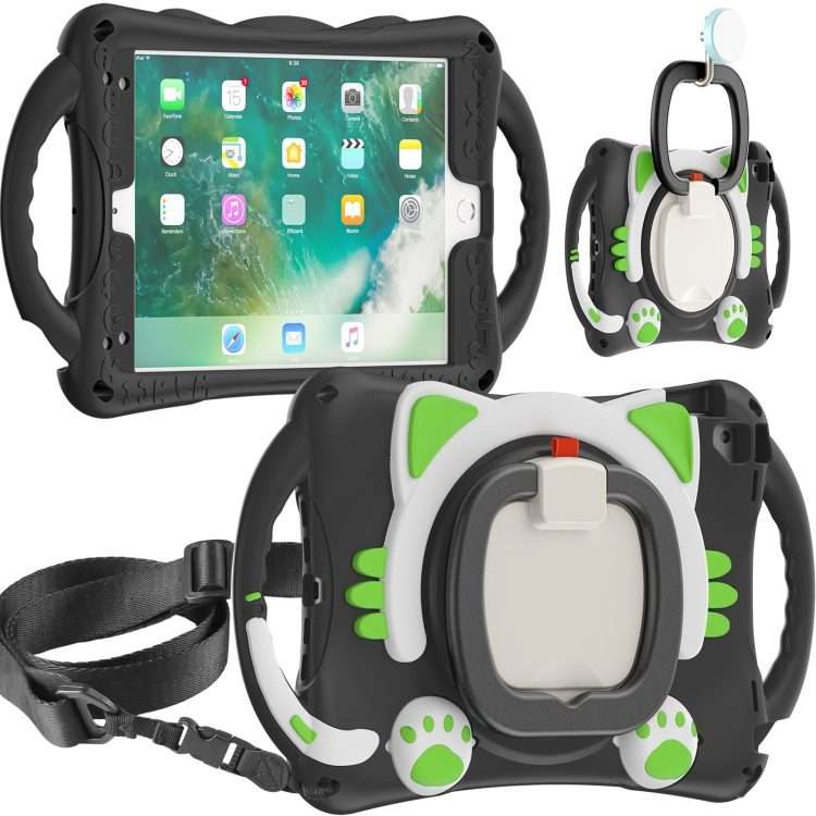 Cute Cat King Kids Shockproof Silicone Tablet Case with Holder & Shoulder Strap ... (Black Green)