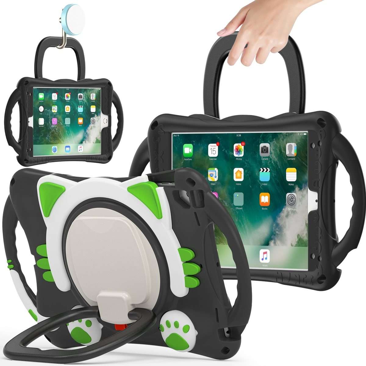 Cute Cat King Kids Shockproof Silicone Tablet Case with Holder & Shoulder Strap ... (Black Green)