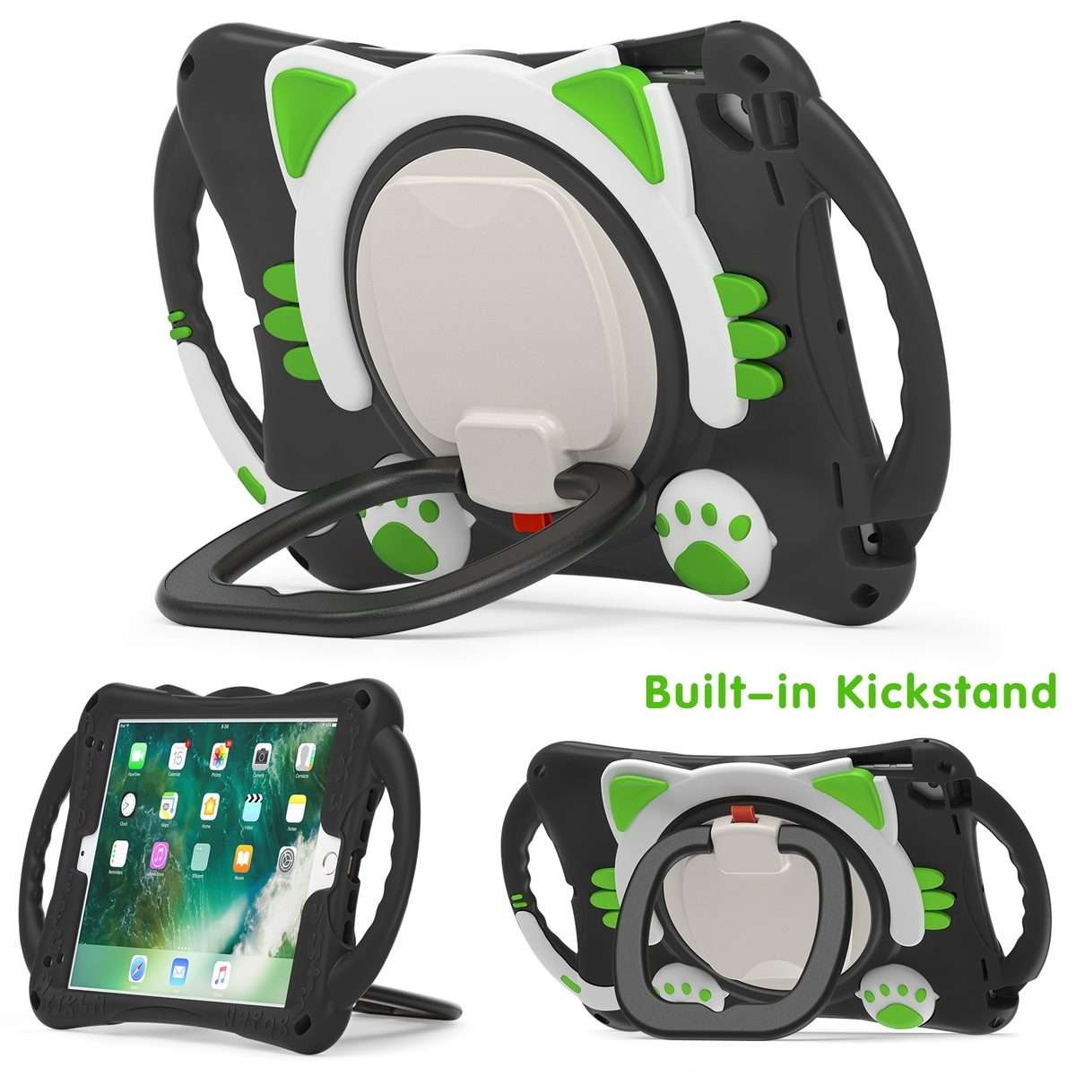 Cute Cat King Kids Shockproof Silicone Tablet Case with Holder & Shoulder Strap ... (Black Green)