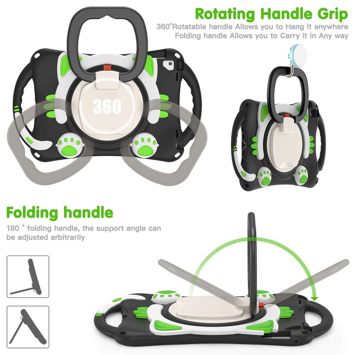 Cute Cat King Kids Shockproof Silicone Tablet Case with Holder & Shoulder Strap ... (Black Green)
