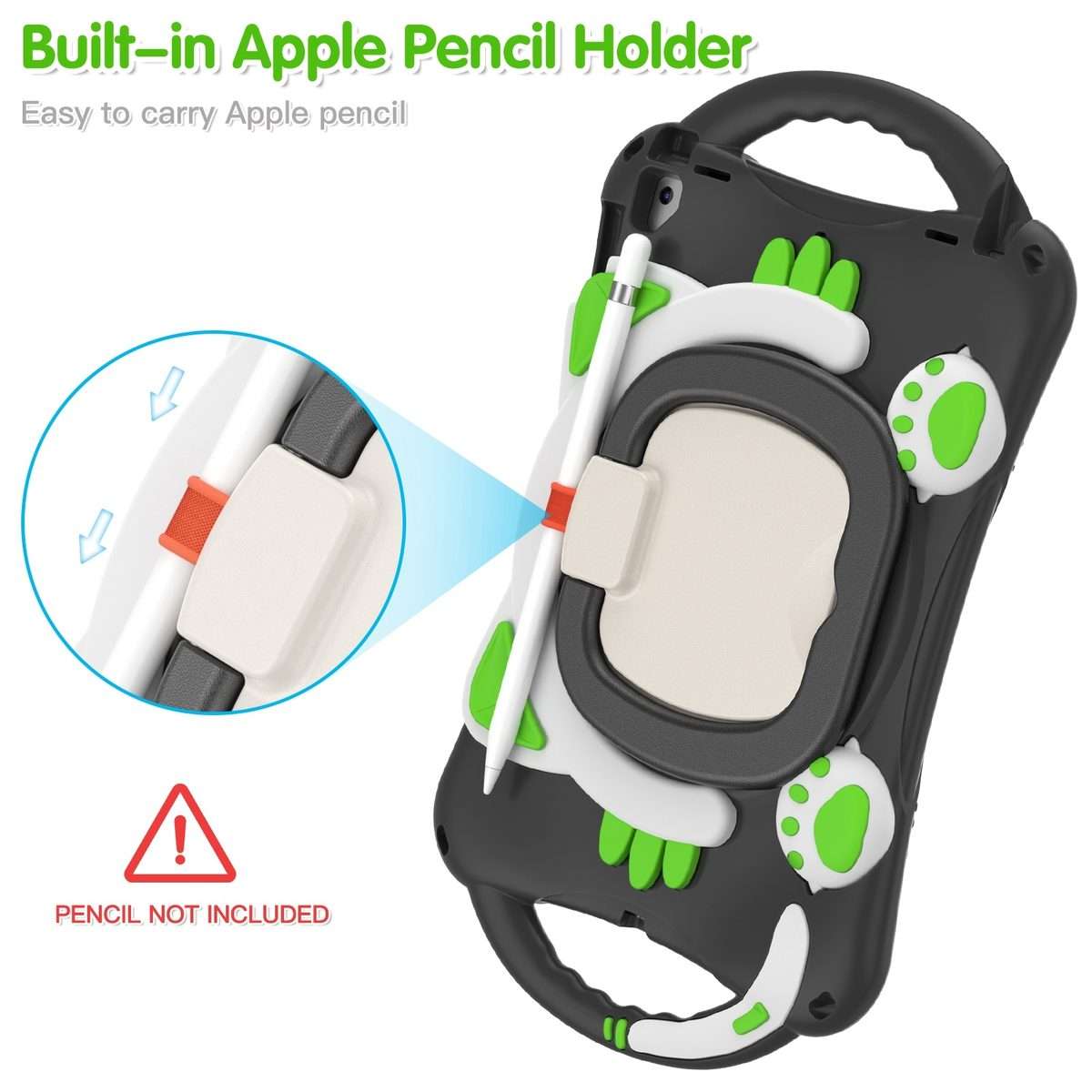 Cute Cat King Kids Shockproof Silicone Tablet Case with Holder & Shoulder Strap ... (Black Green)